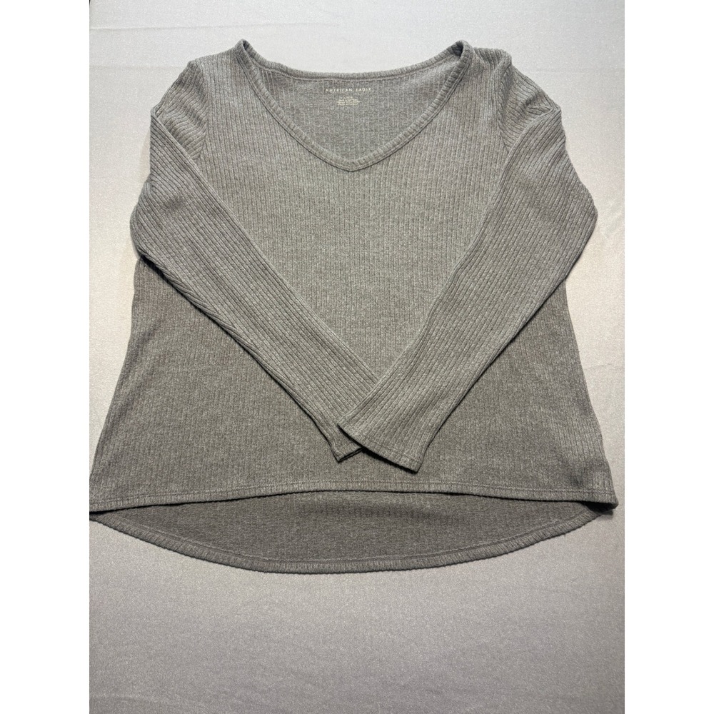 American Eagle Women Large Gray Ribbed V-Neck Long Sleeve High-Low Top C044